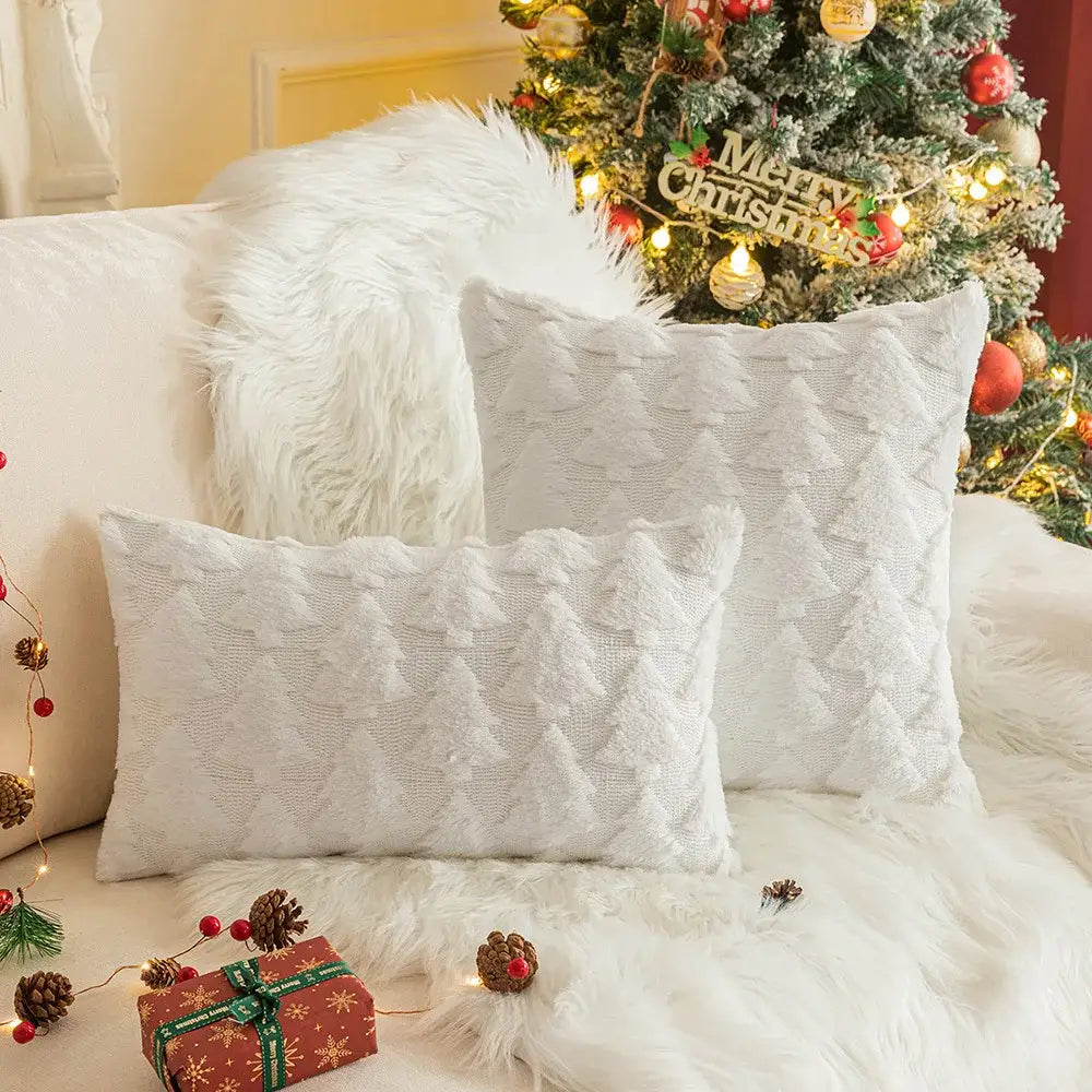 Textured white & dark green christmas plush pillowcase living room