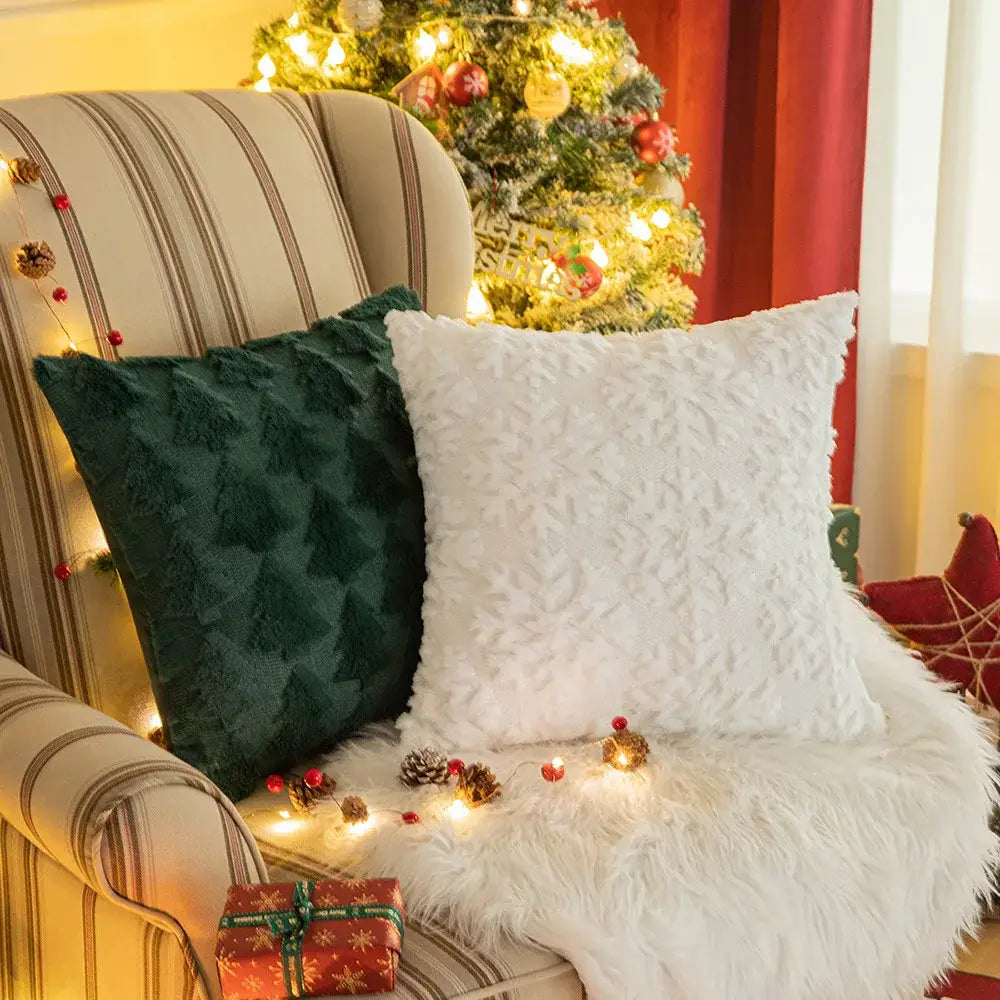 Textured white & dark green christmas plush pillowcase living room