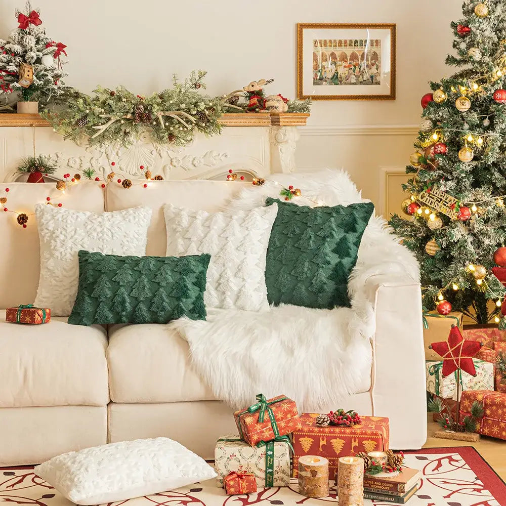Textured white & dark green christmas plush pillowcase living room
