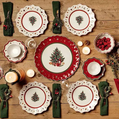 Festive red & white christmas porcelain tableware set dining room