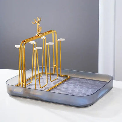 Gold reindeer glass cups holder set with teal tray dining room