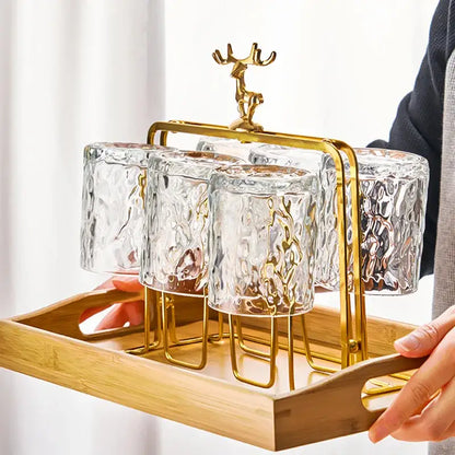 Gold reindeer glass cups holder set with teal tray dining room