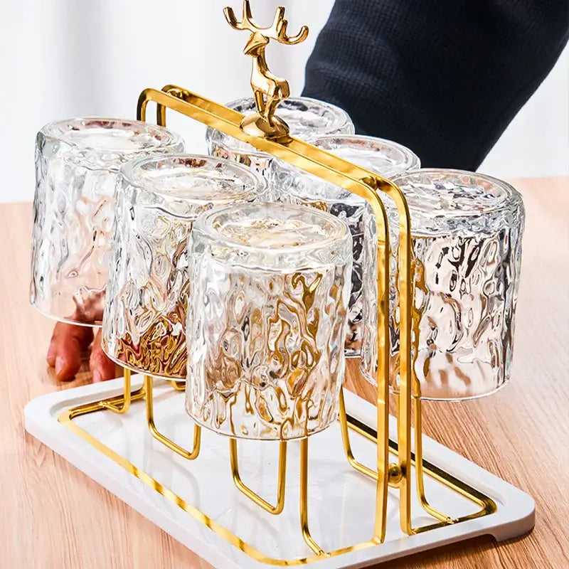 Gold reindeer glass cups holder set with teal tray dining room