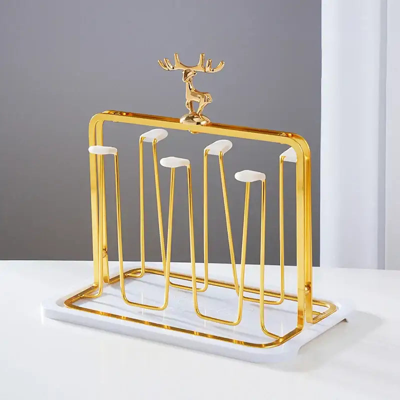 Gold reindeer glass cups holder set with teal tray dining room