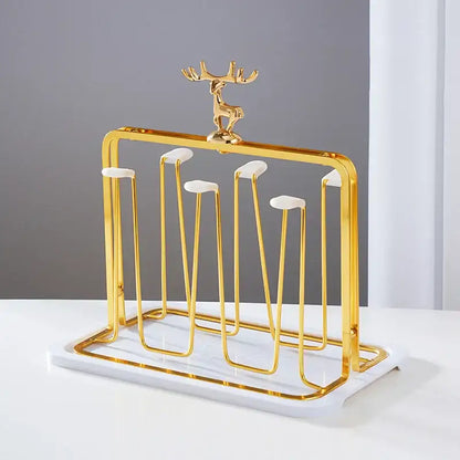 Gold reindeer glass cups holder set with teal tray dining room