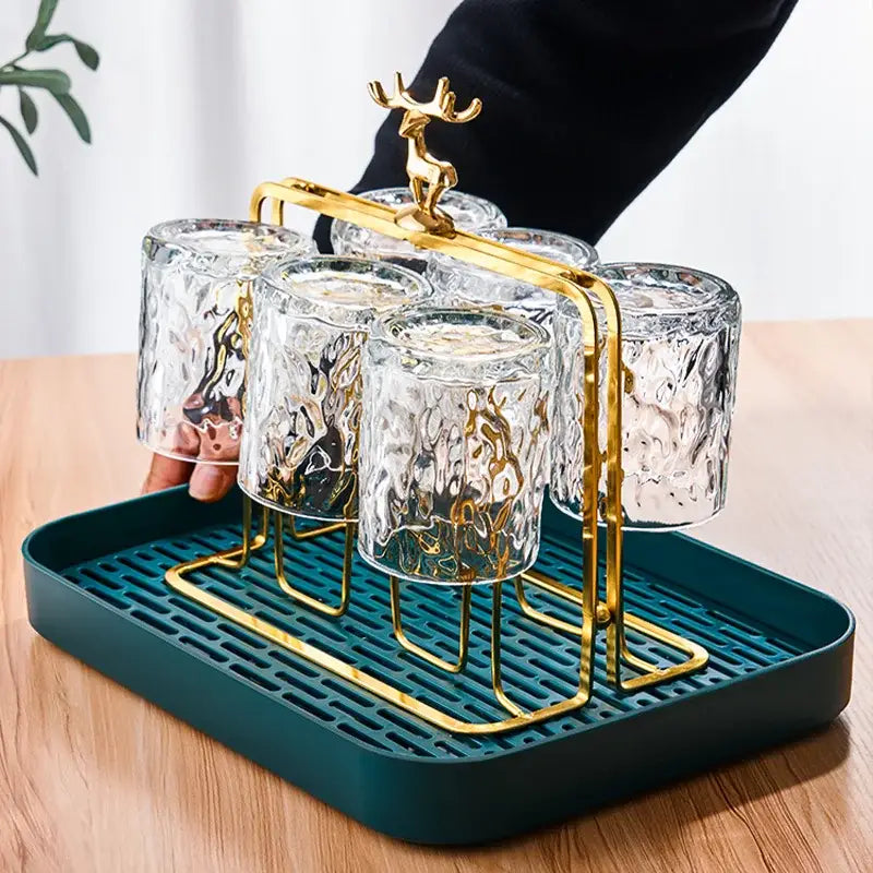 Gold reindeer glass cups holder set with teal tray dining room