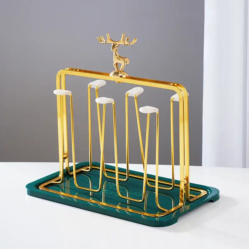 Gold reindeer glass cups holder set with teal tray dining room