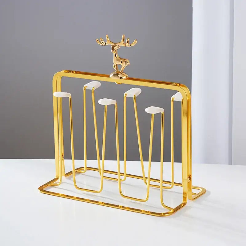 Gold reindeer glass cups holder set with teal tray dining room