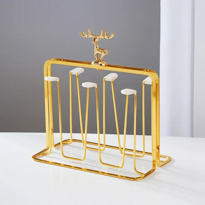 Gold reindeer glass cups holder set with teal tray dining room