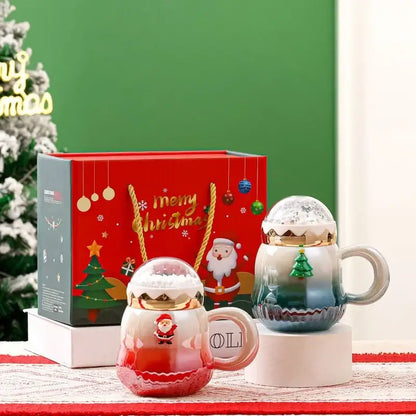 Festive red & white christmas santa ceramic mug with snow globe lid