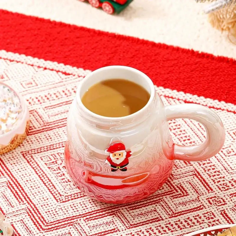 Festive red & white christmas santa ceramic mug with snow globe lid
