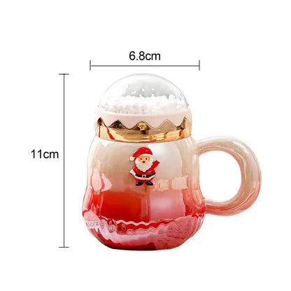 Festive red & white christmas santa ceramic mug with snow globe lid
