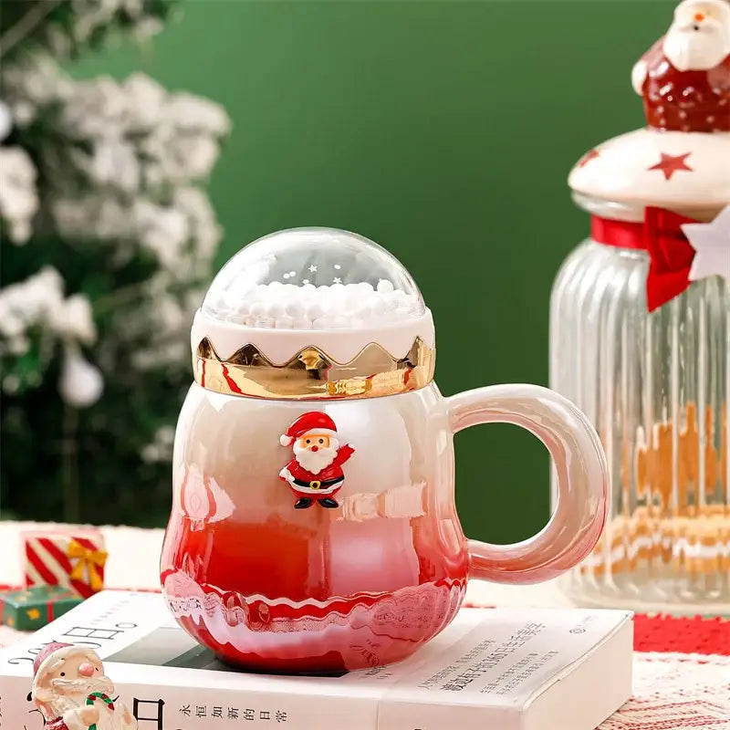 Festive red & white christmas santa ceramic mug with snow globe lid