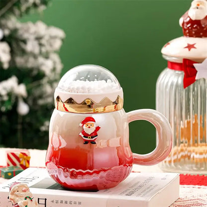 Festive red & white christmas santa ceramic mug with snow globe lid