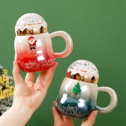 Festive red & white christmas santa ceramic mug with snow globe lid