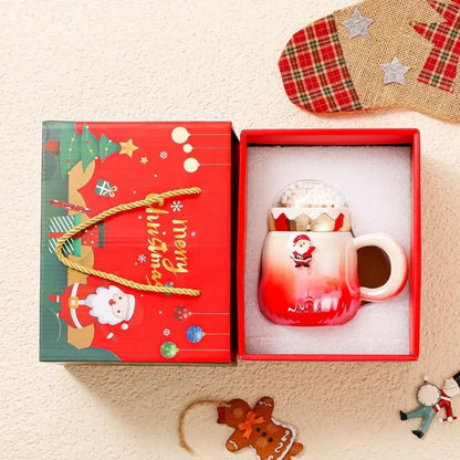 Festive red & white christmas santa ceramic mug with snow globe lid