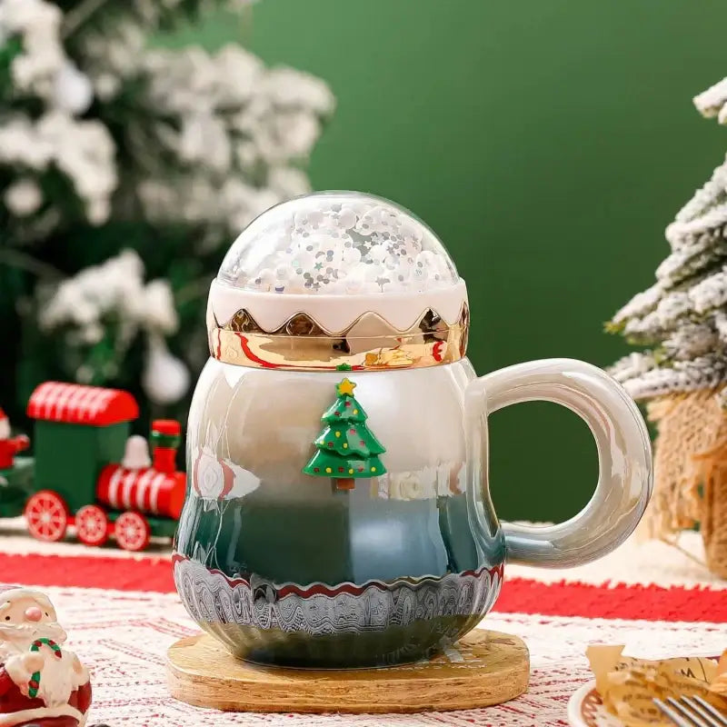 Festive red & white christmas santa ceramic mug with snow globe lid