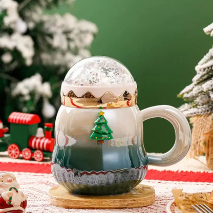 Festive red & white christmas santa ceramic mug with snow globe lid