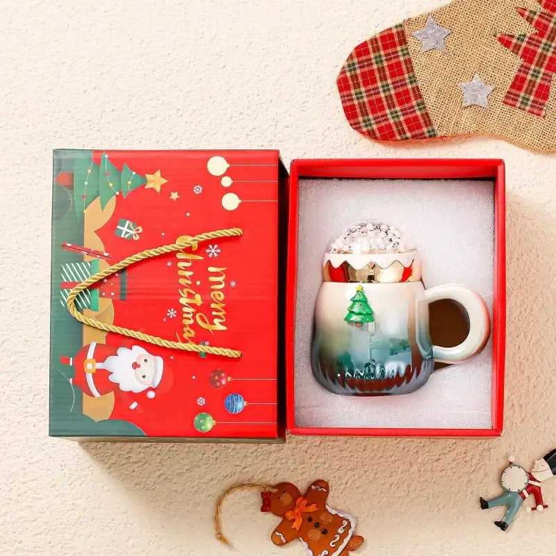 Festive red & white christmas santa ceramic mug with snow globe lid