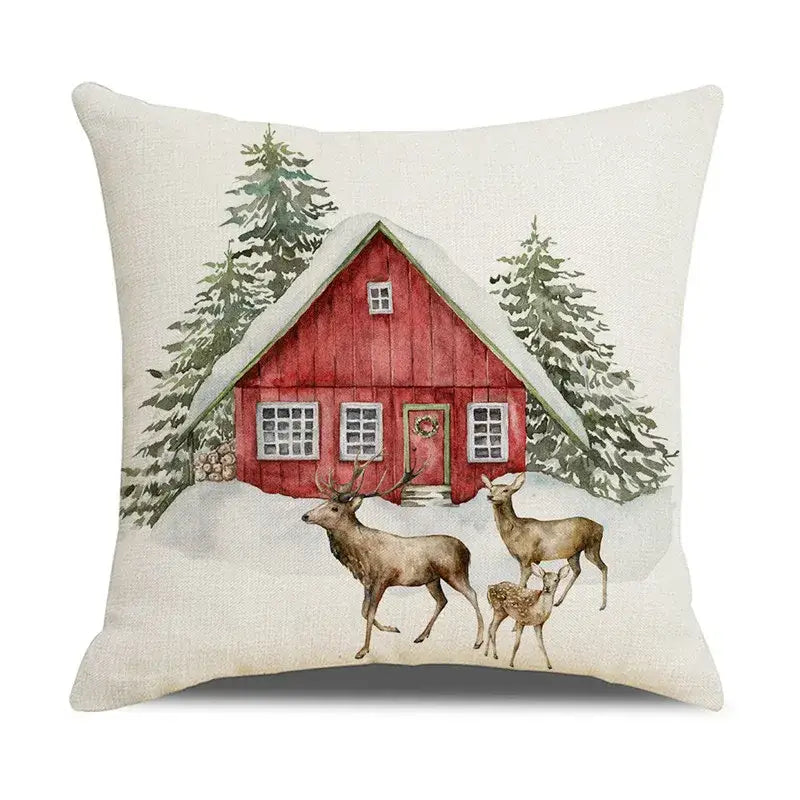 Red and white plaid snow elk pillow cover living room decor