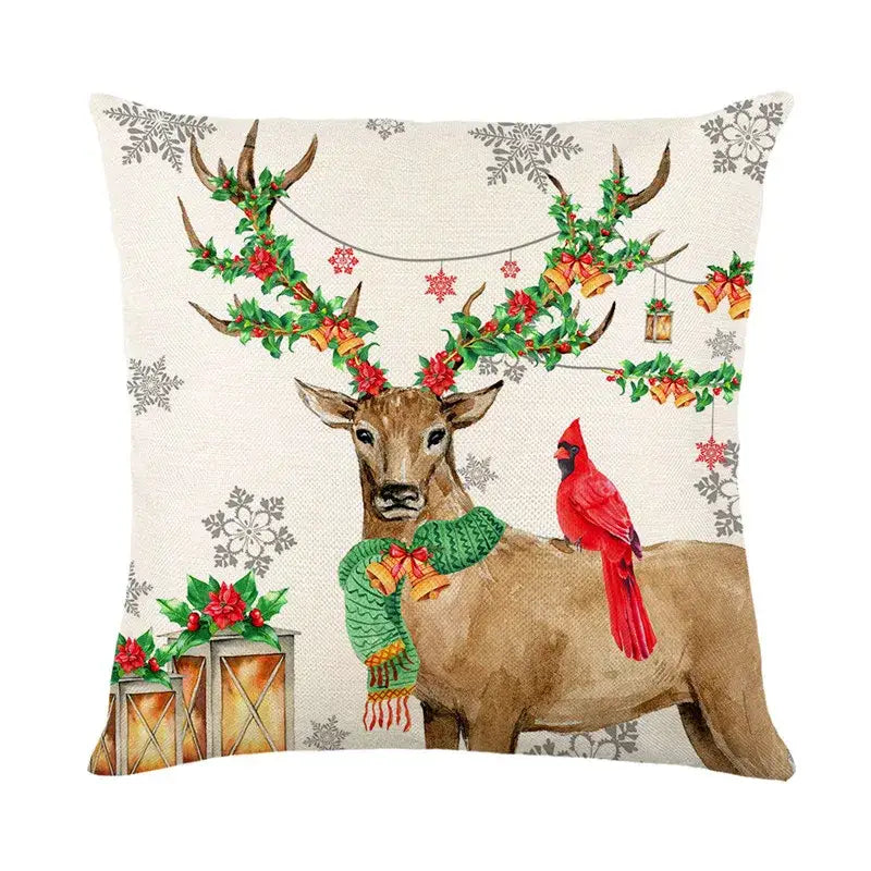 Red and white plaid snow elk pillow cover living room decor