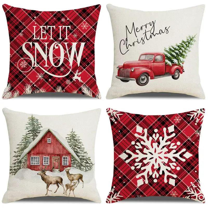 Red and white plaid snow elk pillow cover living room decor