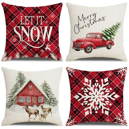 Red and white plaid snow elk pillow cover living room decor
