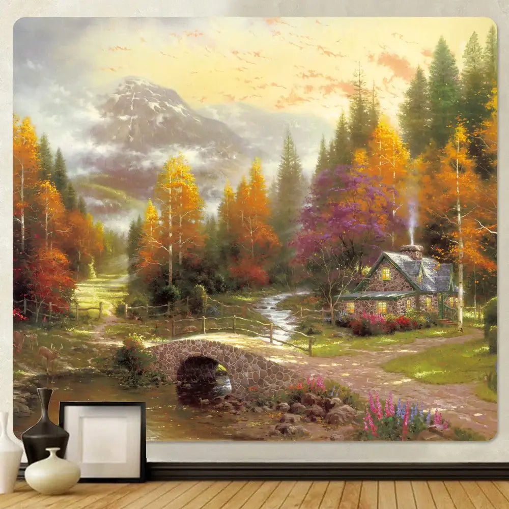 Festive christmas snow forest oil painting tapestry living room decor