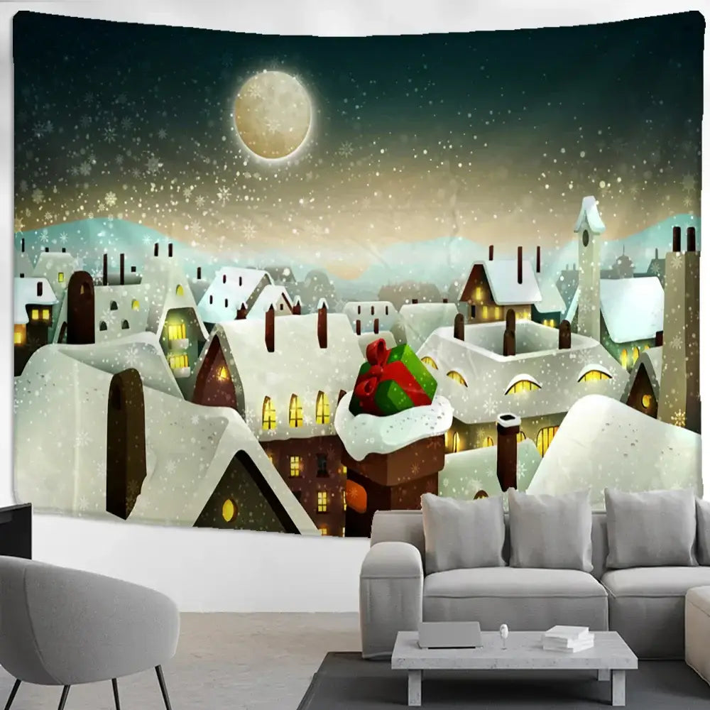 Christmas snow house tapestry – living room landscape wall art