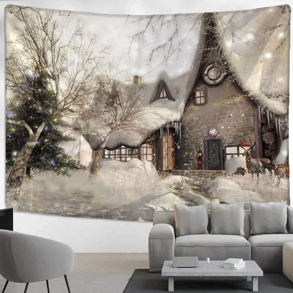 Christmas snow house tapestry – living room landscape wall art