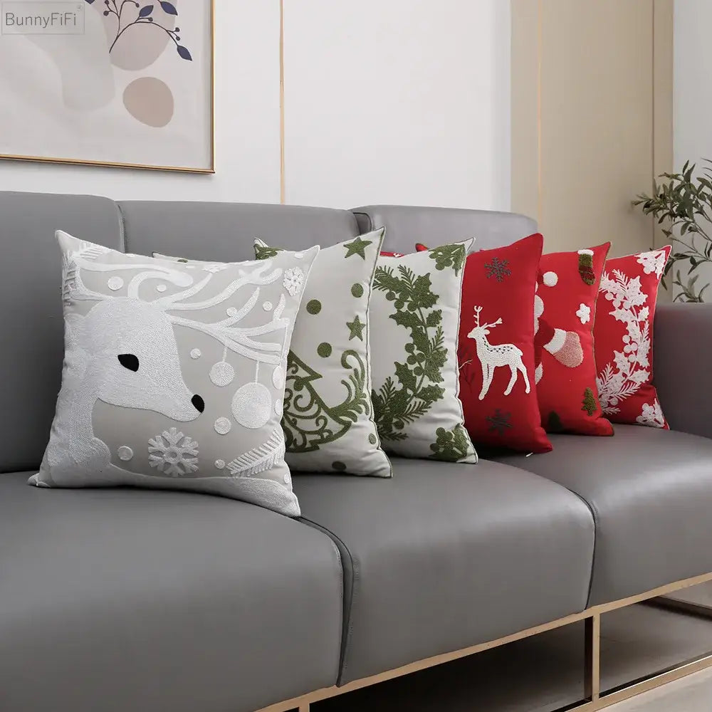 Red and green christmas snowflake deer cushion cover living room