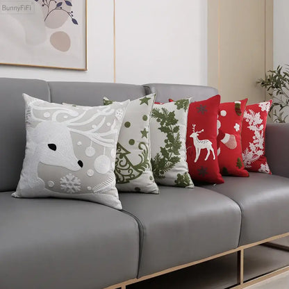 Red and green christmas snowflake deer cushion cover living room
