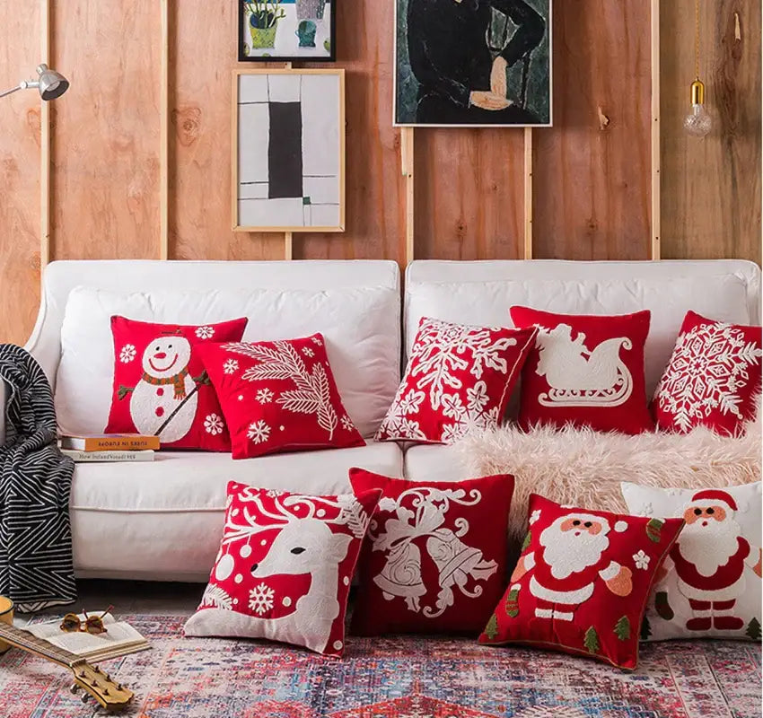 Red snowflake elk embroidered pillowcases living room cushion cover