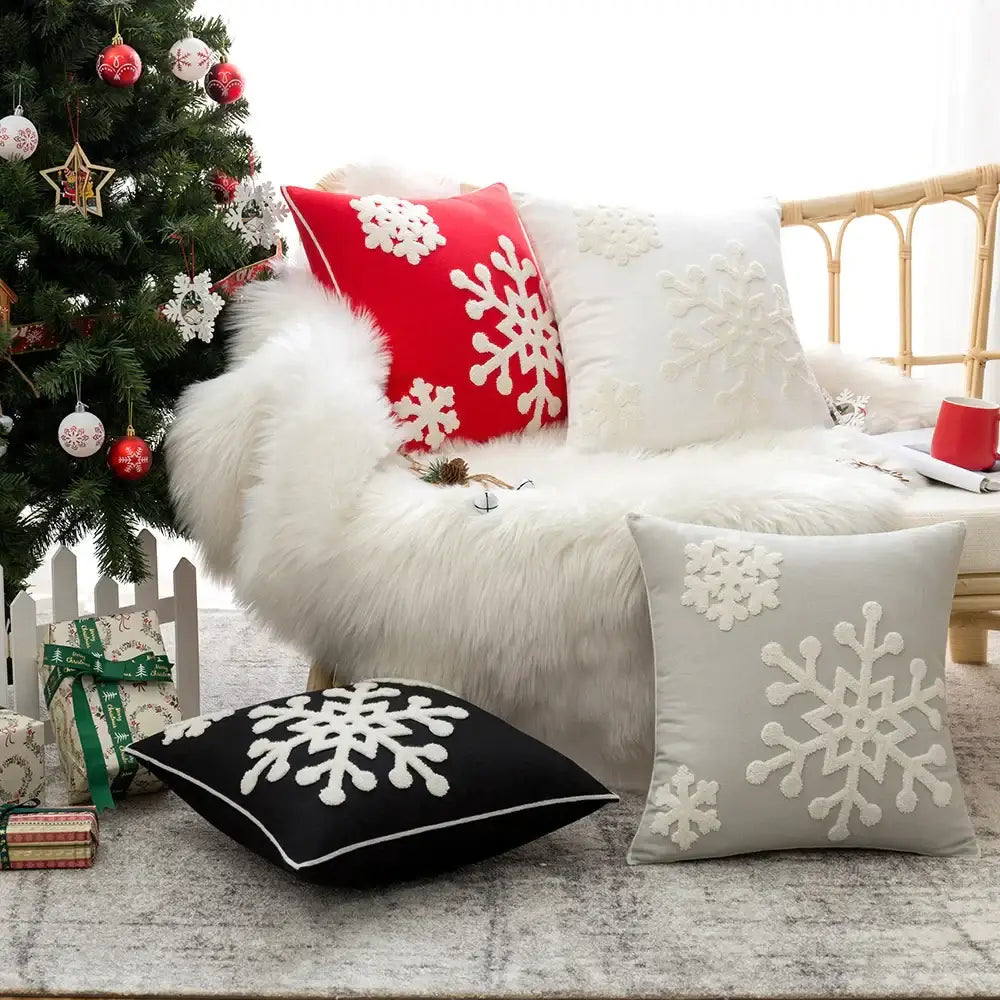 Red & white christmas snowflake embroidered cushion – living room