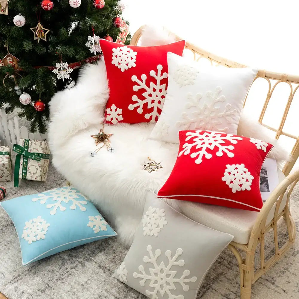 Red & white christmas snowflake embroidered cushion – living room