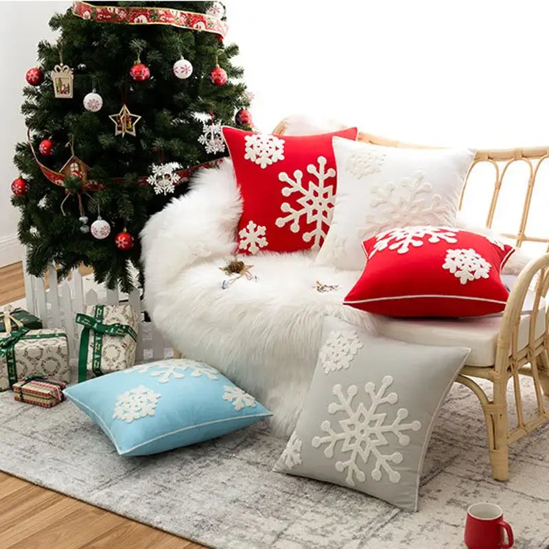 Red & white christmas snowflake embroidered cushion – living room