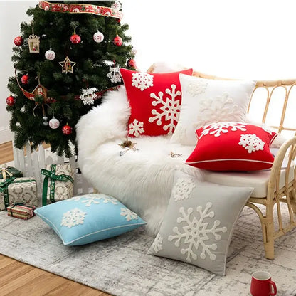 Red & white christmas snowflake embroidered cushion – living room