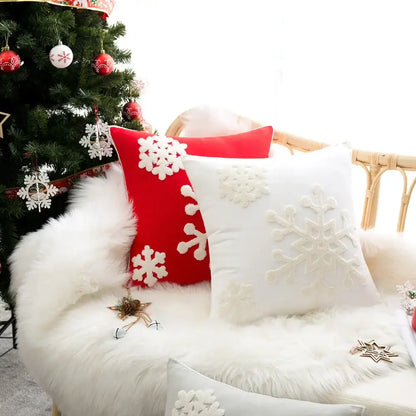 Red & white christmas snowflake embroidered cushion – living room
