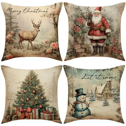 Vintage christmas snowman deer pillowcase set living room decor