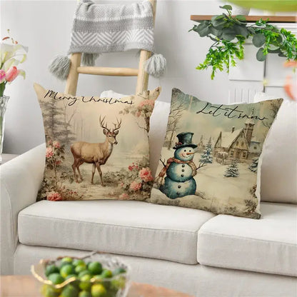 Vintage christmas snowman deer pillowcase set living room decor