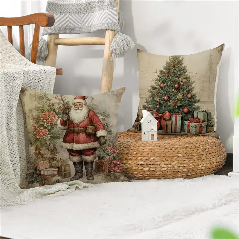 Vintage christmas snowman deer pillowcase set living room decor
