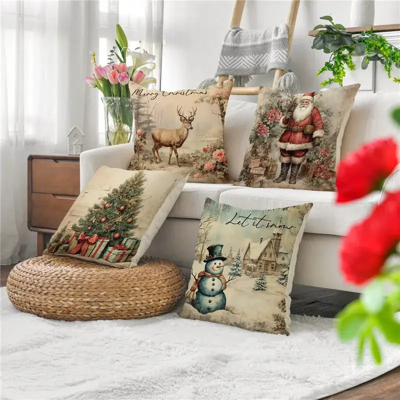 Vintage christmas snowman deer pillowcase set living room decor