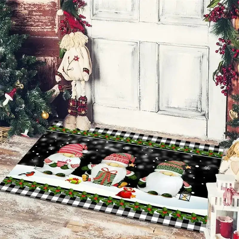 Festive red & white gnomes checkered floor mat kitchen decor