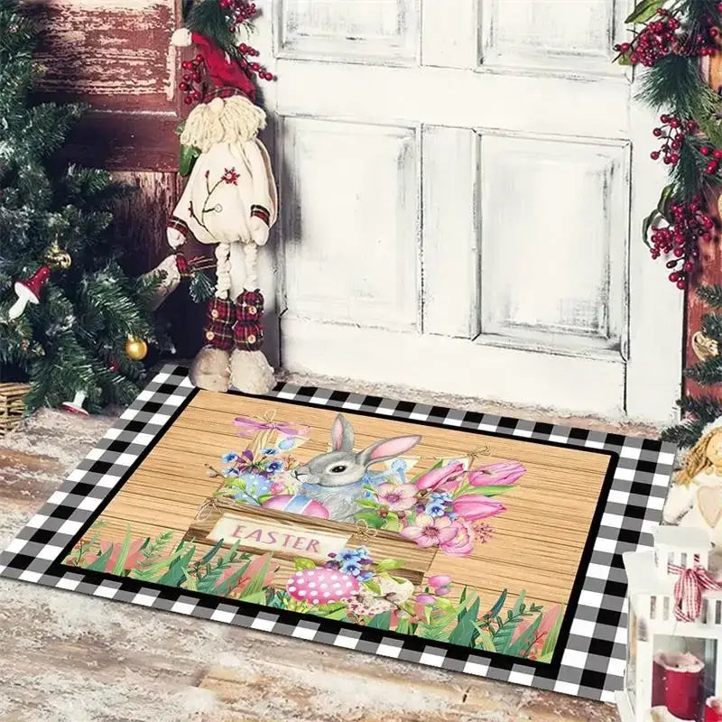 Festive red & white gnomes checkered floor mat kitchen decor