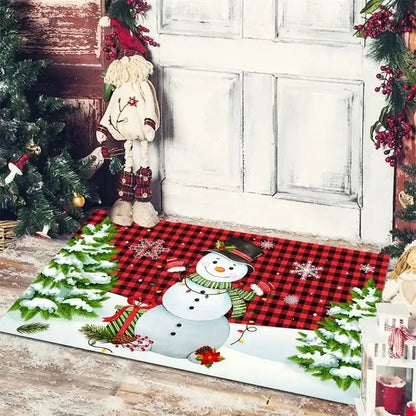 Festive red & white gnomes checkered floor mat kitchen decor