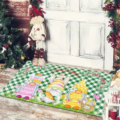 Festive red & white gnomes checkered floor mat kitchen decor