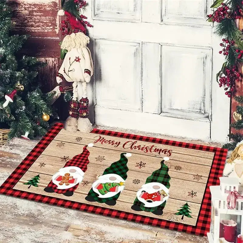 Festive red & white gnomes checkered floor mat kitchen decor
