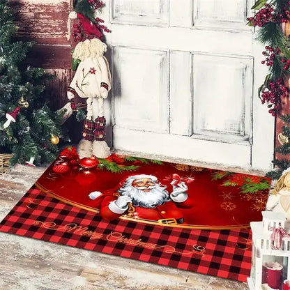 Festive red & white gnomes checkered floor mat kitchen decor