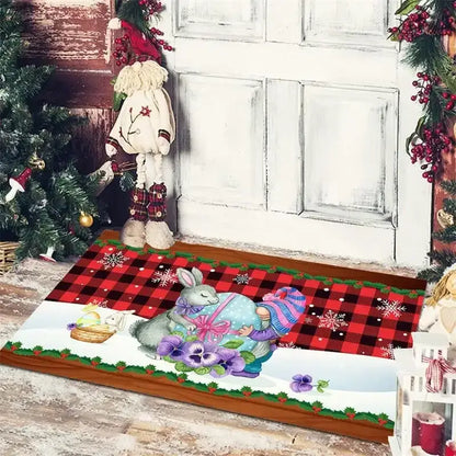 Festive red & white gnomes checkered floor mat kitchen decor