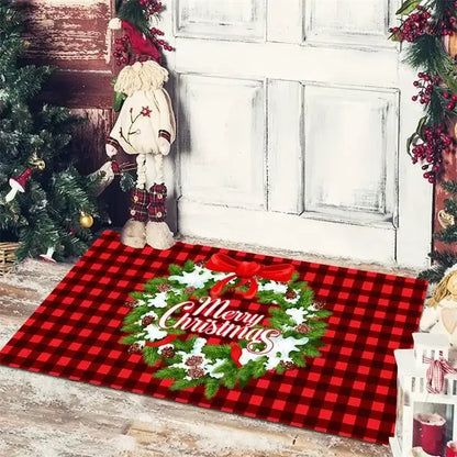 Festive red & white gnomes checkered floor mat kitchen decor
